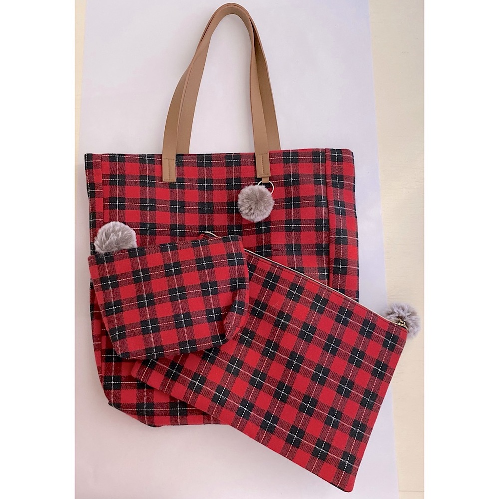 Red and Black Tartan Plaid Fabric Tote and Pouch Matching Set